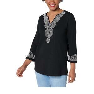 Bellisima Women's Slub Knit Boutique Beaded Tunic Black/White - Petite